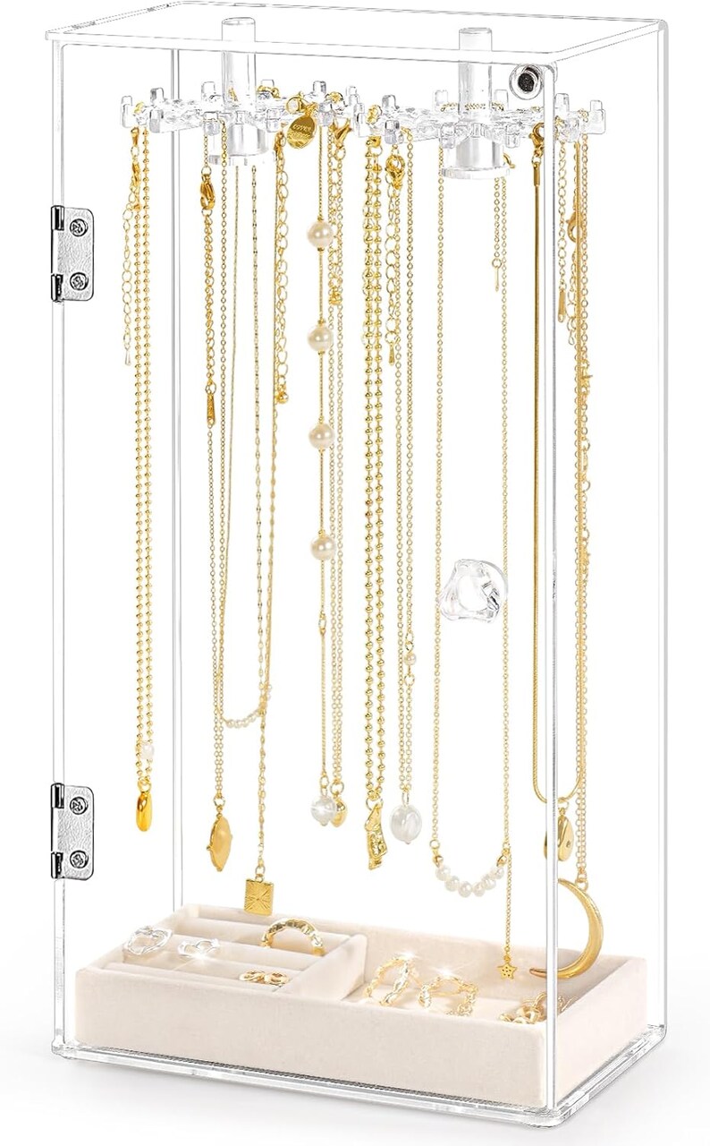 Acrylic Necklace & Jewelry Organizer – Rotating Display Stand with 24 Hooks, Clear Case with Dust-Proof Velvet Tray for Earrings, Rings, and Necklaces